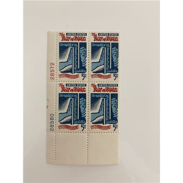 1966 5c Bill of Rights Stamp Plate Block