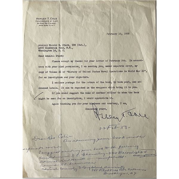 US Navy Admiral Harold R. Stark unsigned letter