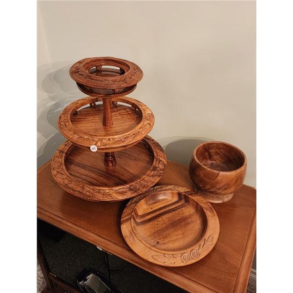 3 Tiered Handcarved Monkey Pod Serving Tray, Wooden Bowl, Wooden Plate & Wooden Salt & Pepper Shaker
