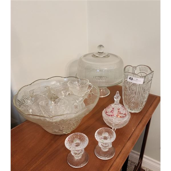 Vintage Punch Bowl with cups, glass cake stand, vase, candle holders, candy dish
