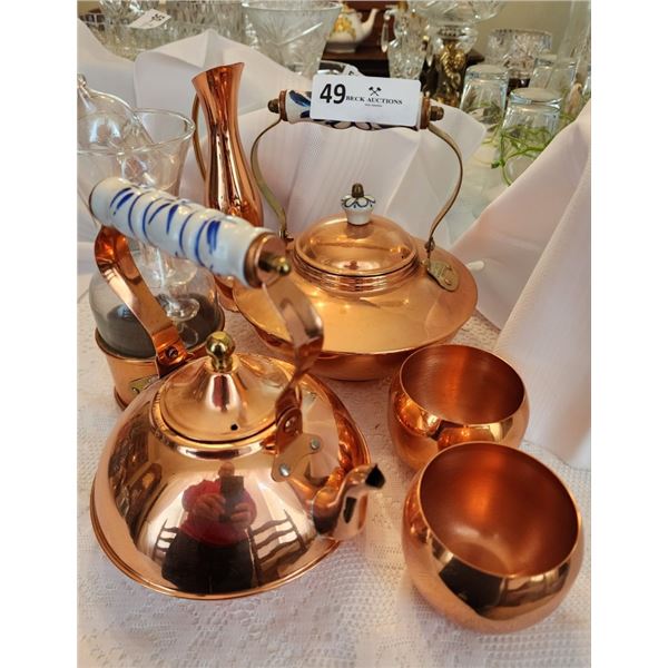 Copper Tea Pots with Porcelain Handles, cups & coasters