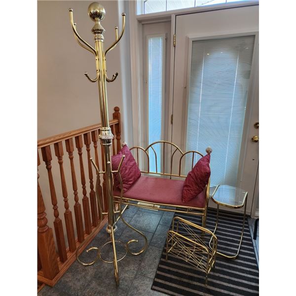 Rose & Brass Finish Bench, Coat Rack, Magazine Rack & Side Table