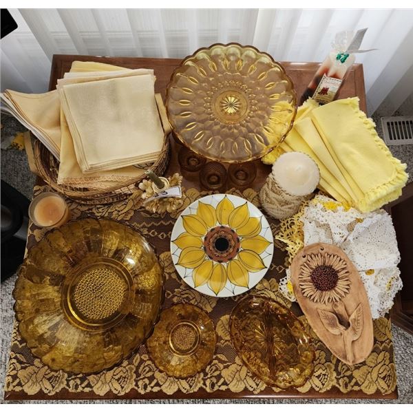 Vintage Glassware, Napkins, Goblets, Candles, Sunflower Plate