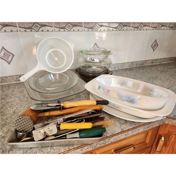 Casserole Dishes, Vintage Glassware, Strainer, Misc Utensils