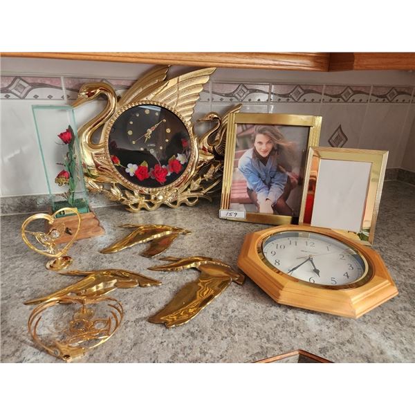 Swan Clock, Wood Clock, Photo Frame, Brass Geese , Chesterseal Lifesake Flowers Real Rose Music Box