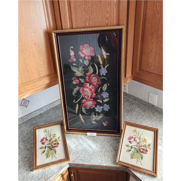 Antique Victorian Floral Needlepoint & 2 Smaller Embroidered Floral Pictures