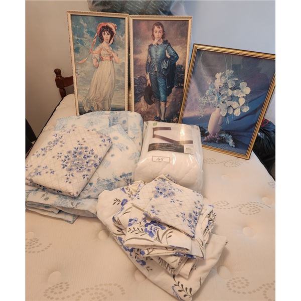Vintage Framed Prints, flower picture, double mattress pad, sheet set, bedspread & shams