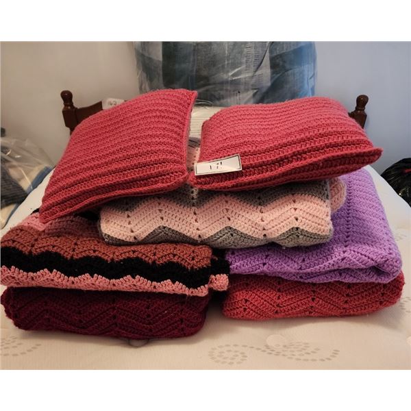 5 Handmade Blankets, 2 Large Pillows