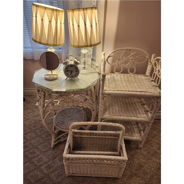 White Wicker Magazine Rack, Glass Top Table, Shelf, Clock, Lamps & Mirror