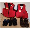 Image 1 : Men's Size 10 Leather Sandals, Size 11 & 8 Water Shoes, 4 Life Jackets, Ladies Size 7 Shoes