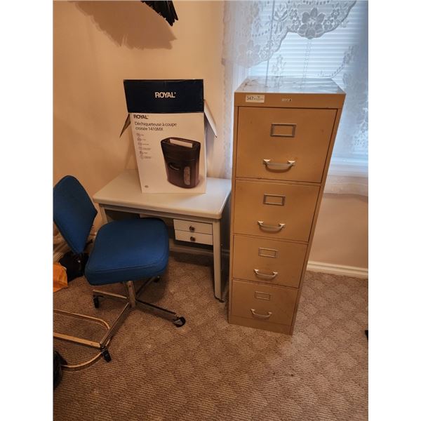 Shredder, Metal Desk on Coasters, Office Chair, Filing Cabinet
