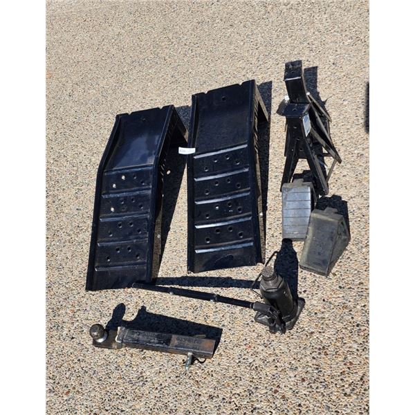 2 Black Car Ramps, Ball Hitch, 2 Tonne Jack Stands with 4000lb capacity