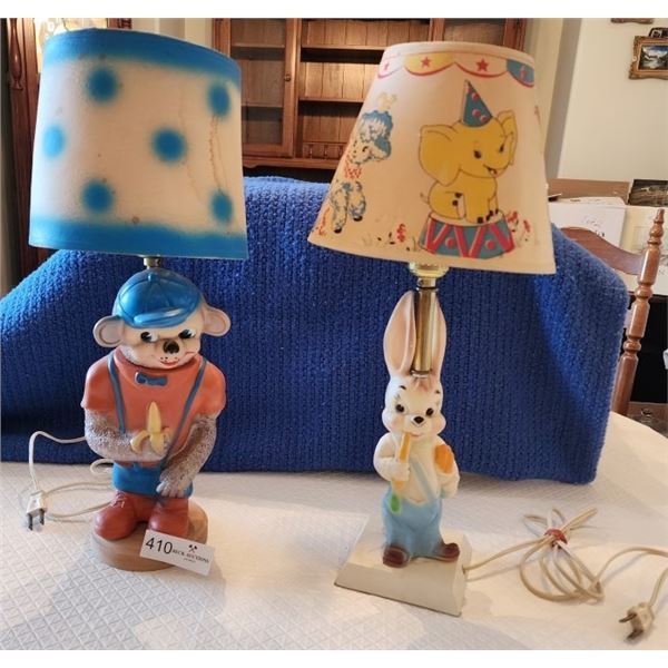 Vintage Bunny Table Lamp & Vintage Rubber Monkey Lamp
