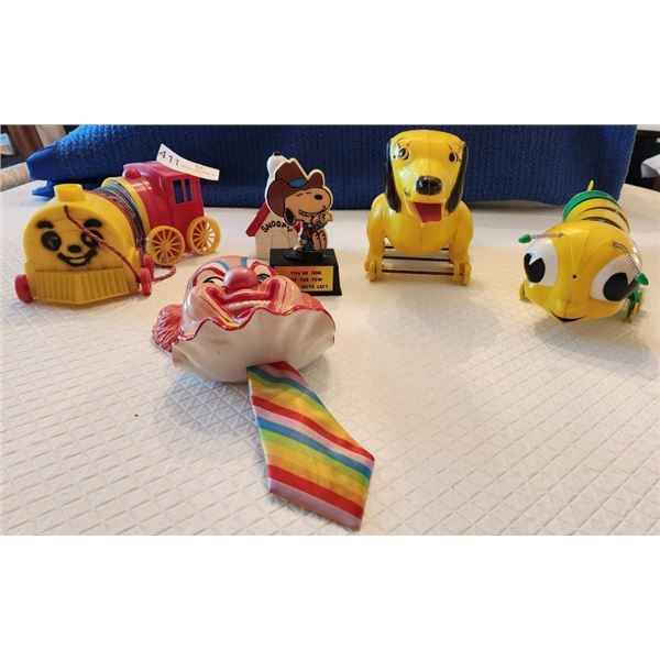 Vintage Caterpillar Slinky, Slinky Dog, Slinky Pull Train, Ceramic Snoopy & Clown