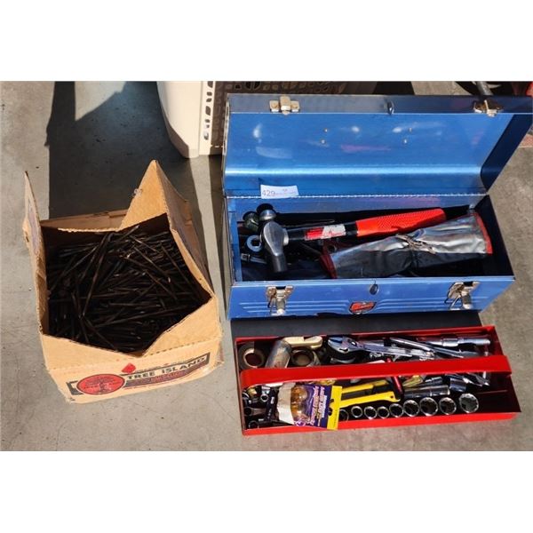 Miscellaneous Tools & Tool Box plus a Box of 50lbs of 6" Spiral Nails