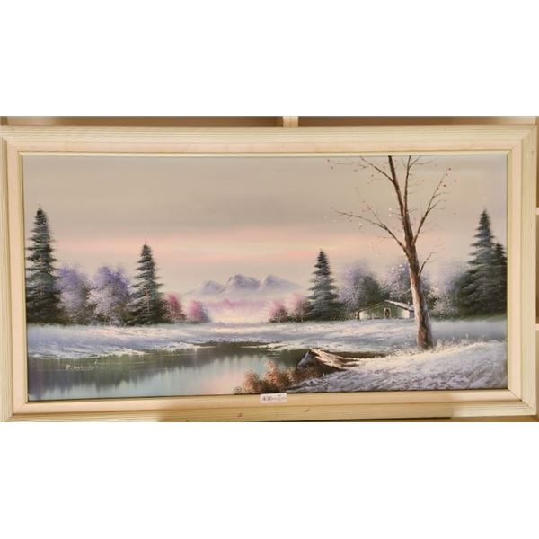 Vintage Oil Painting Winter Landscape & Vintage Needlepoint Tapestry Landscape with Deer