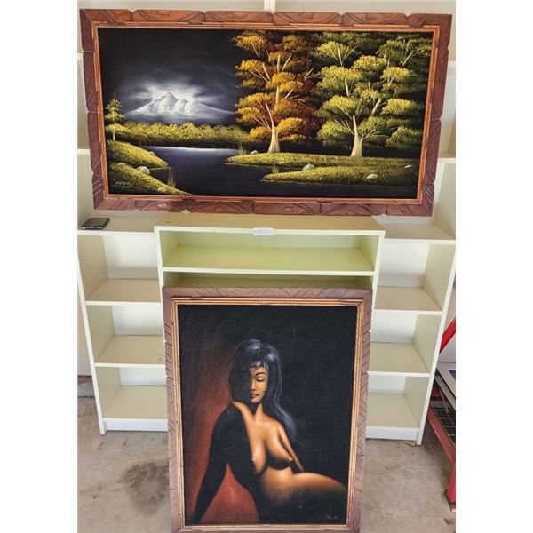 Mid Century Modern Painting of Nude Woman on Black Velvet & Forest Landscape