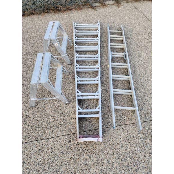 Extension Ladder, Step Ladder, 2 Aluminum Flat Top Sawhorses