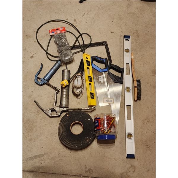Misc Tools, Trouble Light, Saws, Level, Wire Brush, Grease Guns, Rubber Mallet, Hooks, Square
