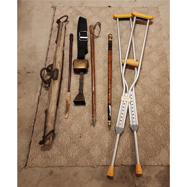 2 Cow Bells, 2 Wooden Canes, Antique/Vintage Horse Tach, Horse Hitch, Whip & Crutches