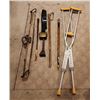 Image 1 : 2 Cow Bells, 2 Wooden Canes, Antique/Vintage Horse Tach, Horse Hitch, Whip & Crutches