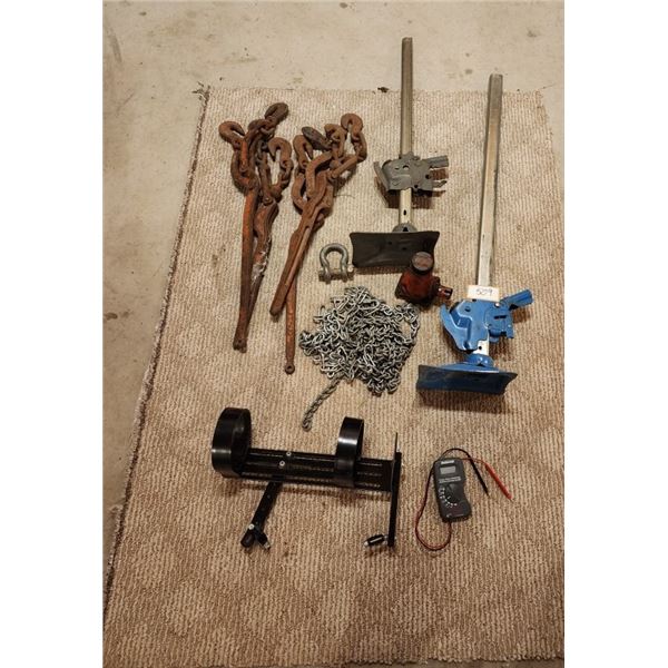 4 Steel Come Along, 2 Vehicle Jacks, Chain, Fire Extinguisher Holder, Mastercraft Digital Meter