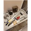 Image 1 : Drywall t-Square, Shop Clock, Antique Meat Butcher Saw, Heavy Duty Pipe Cutter, Clamp, Heaters