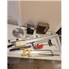 Image 2 : Drywall t-Square, Shop Clock, Antique Meat Butcher Saw, Heavy Duty Pipe Cutter, Clamp, Heaters