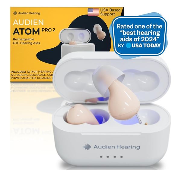 NEW AUDIEN ATOM PRO 2 RECHARGEABLE OTC HEARING AIDS FACTORY SEALED
