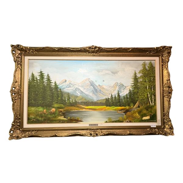 FRAMED 1986 ABE J.FRIESEN "SCENERY" PAINTING ON CANVAS SIGNED BY ARTIST AND DATED BT STATE (APPROXIM