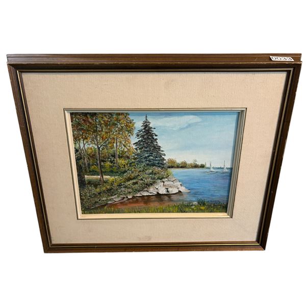 VINTAGE FRAMED 1984 H.KUSHNER "LAKE SIDE SCENE" PAINTING ON BOARD DATED FROM STATE (APPROXIMATELY -