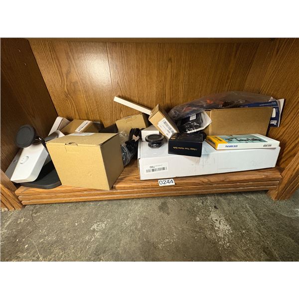 SHELF LOT FULL OF ASSORTED ELECTRONICS - MAGNETIC PHONE AND SMART WATCH HOLDER/ LIGHTS/ HARDWARE/ DY