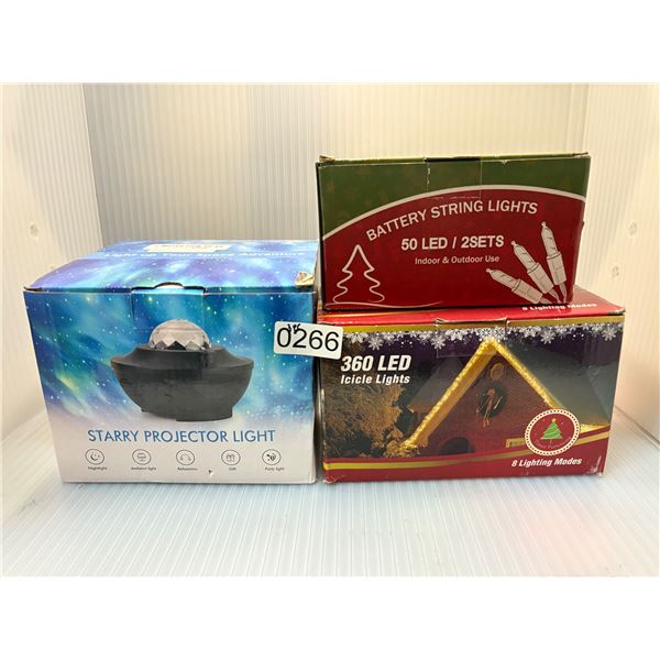 3 PIECE - STARRY PROJECTOR LIGHTS / BATTERY STRING LIGHTS AND 360 LED ICICLE