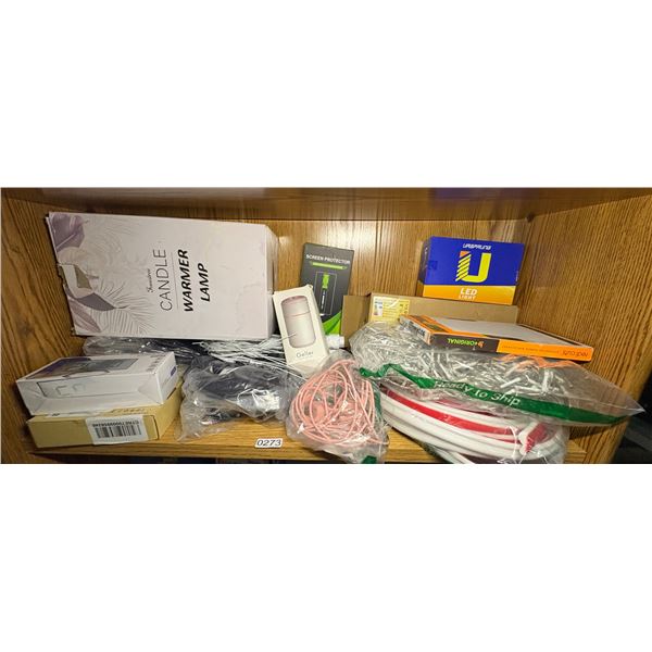 SHEF LOT FULL OF  ELECTRONICS - SCREEN PROTECTOR, GALLOR, HUMIDIFIER, MULTIFUNCTION MIRROR, USBC ADA