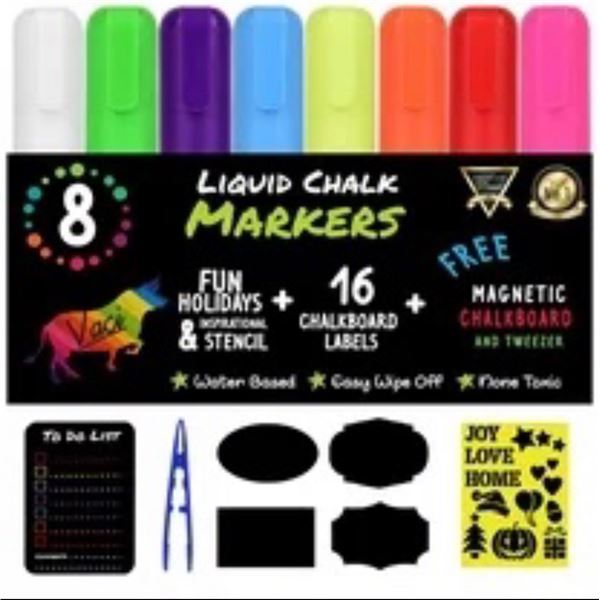 NEW VACY LIQUID CHALK MARKERS SET 8 PACK SET WITH CHALK BOARD LABELS,   MAGNETIC BLACK BOARD AND TWE
