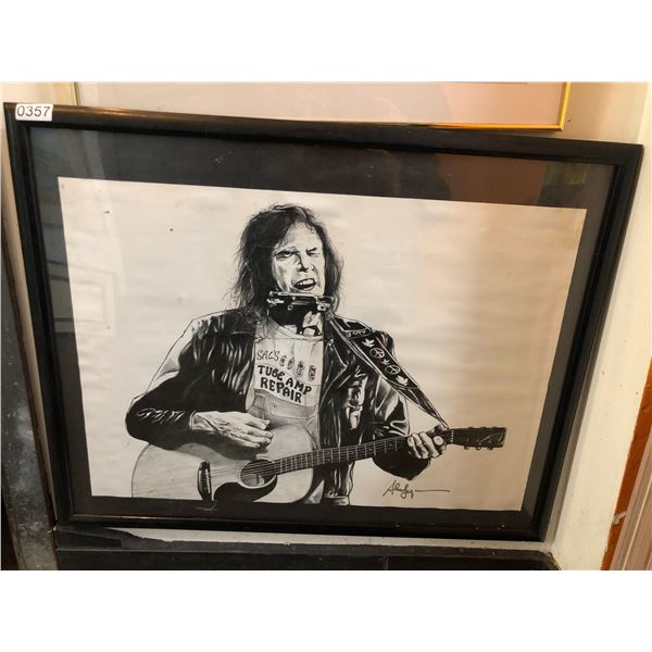 FRAMED BLACK AND WHITE MUSICIAN PLAYING GUITAR AND HARMONICA PAINTING/ PRINT APPROX 29IN X 23IN
