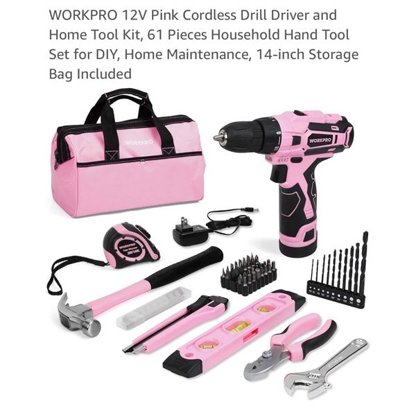 NEW WORKPRO 108 PCS TOOLSET WITH CORDLESS 12 WOLT DRILL DRIVER (PINK)