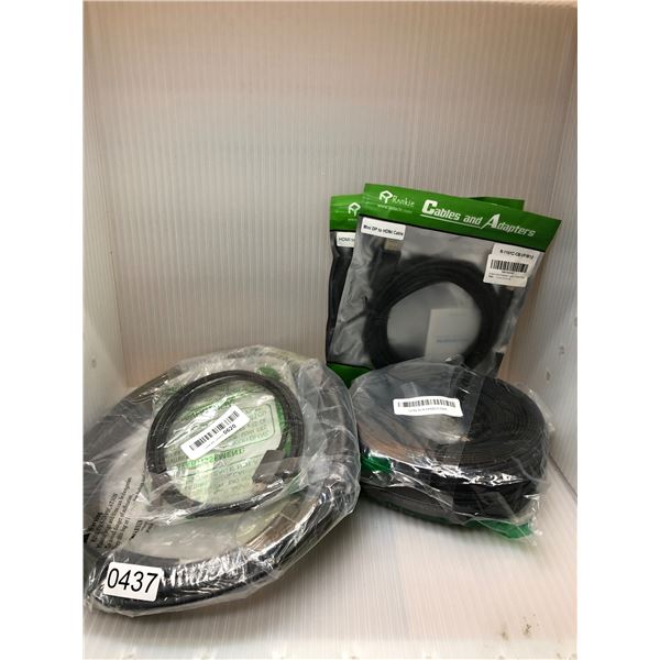 GROUP OF ASSORTED CABLES - HDMI / HDMI TO DVI / MINI DP TO HDMI CABLE / EXTRA LONG ETHERNET CABLE AN