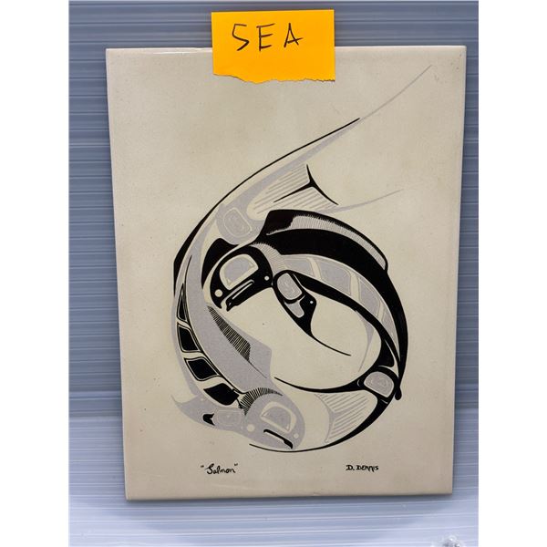 First Nations "SALMON" tile art signed by artist D. Dennis - 6IN x 8IN