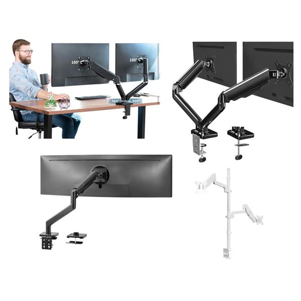 11pc assorted VIVO mounts - Mechanical arm, dual monitor mounts, white pneumatic mount, ultrawide mo