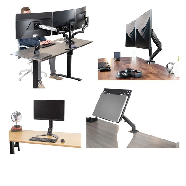 Group of assorted VIVO mounts - dual mechanical arm, dual desk mounts, single monitor mounts etc. (r