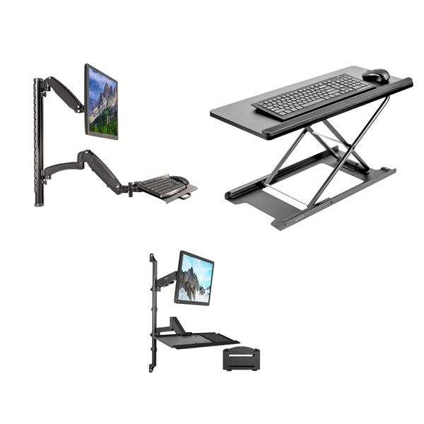 3pc assorted VIVO items - black keyboard riser & sit to stand single monitor wall mount workstations