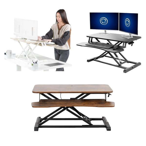 5pc VIVO assorted desk risers - black 32" DESK-V000K x 2, vintage brown 32" DESK-V000KN, 36" light w
