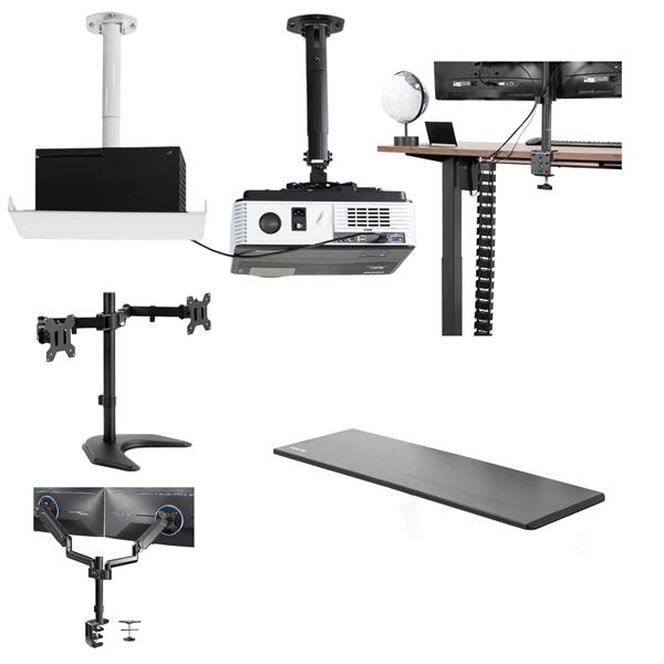 8pc assorted VIVO monitor mounts & items - pneumatic dual desk monitor mounts, wall monitor extra ta