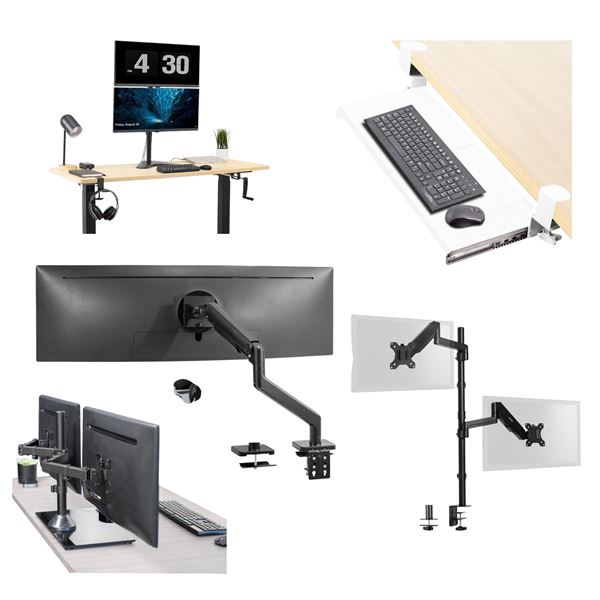 9pc assorted VIVO monitor mounts & items - pneumatic arm dual extra tall, mechanical arm, dual monit