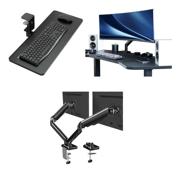 Large group of assorted VIVO monitor mounts & accessories - black single clamp rotating keyboard tra