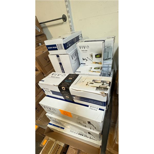 Large group of assorted VIVO monitor mounts & accessories - pneumatic single arm, TV wall mount, bla