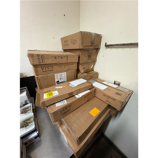 Large group of assorted VIVO monitor mounts & accessories - white dual monitor desk stand, white loc