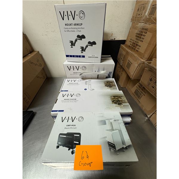 Group of assorted VIVO accessories - clamp-on rotating arm rest for office desks, white dual wall mo