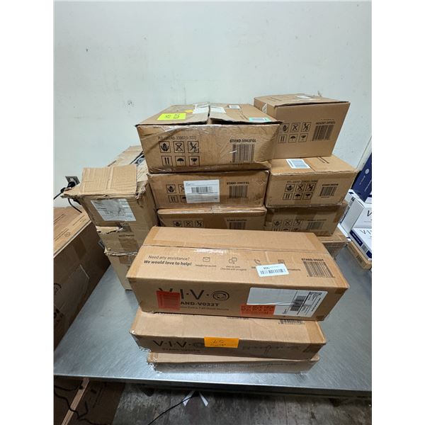Large group of assorted VIVO monitor mounts, book stand, universal underdesk & wall UPS mount, book 